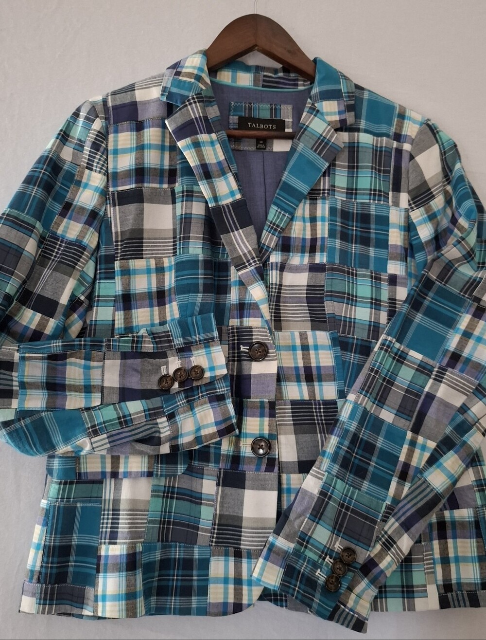 Talbots  Madras Blue Plaid Patchwork Blazer Size 14 Cotton Two Button Jacket